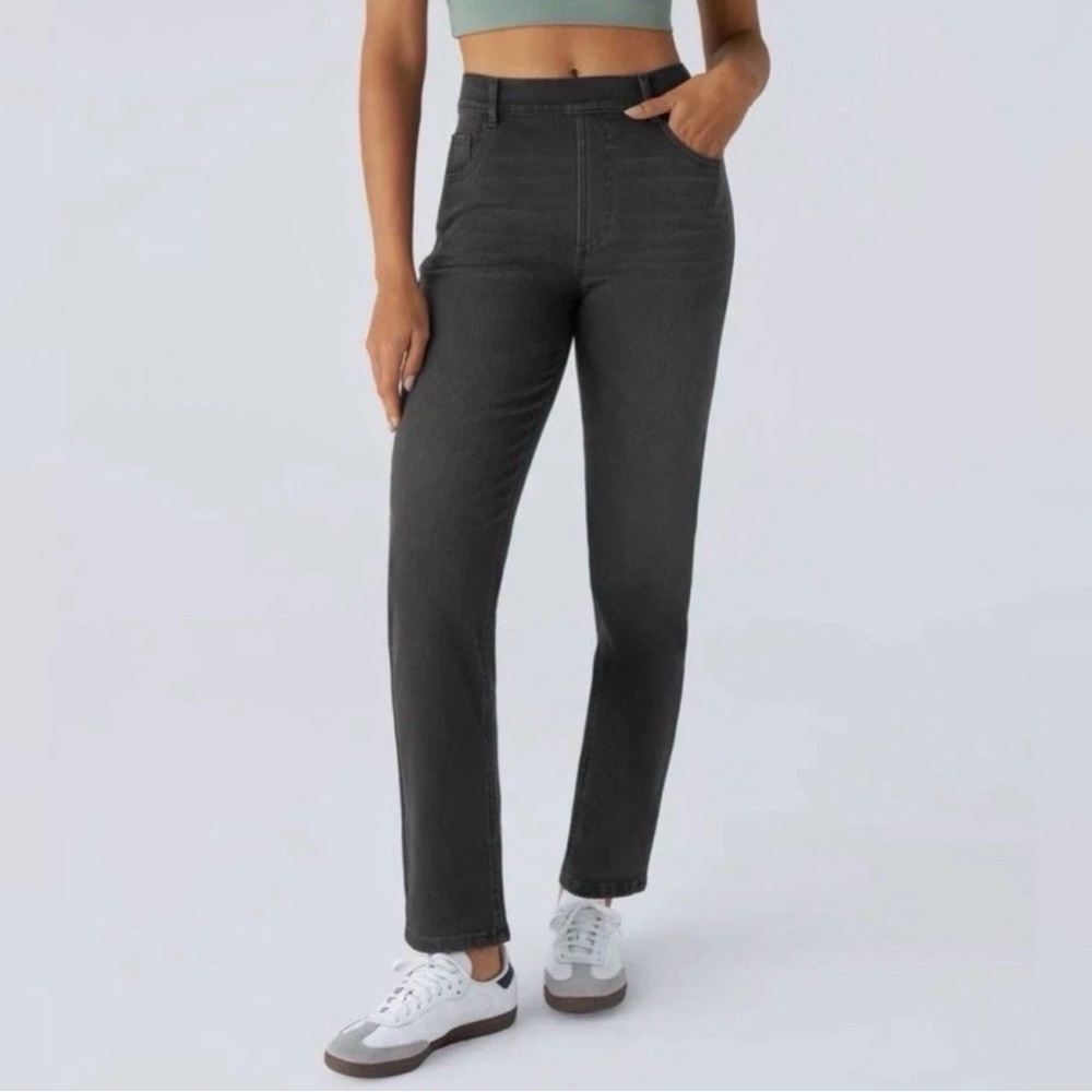 Halara Flex High Rise Straight Leg Jeans XL Tall Black Wash Stretch Pull On